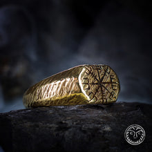 Load image into Gallery viewer, Vegvisir, Viking Compass, Rune Jewelry, Pagan Jewelry, LARP SCA, Reenactment, Nordic, Norse Ring, Signet Ring, Solid Ring, Rustic Men Ring
