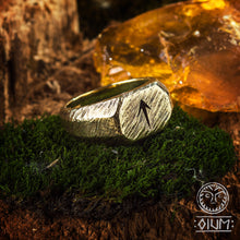 Load image into Gallery viewer, Brass Viking Rune Ring, Pagan Jewelry, Futhark, LARP, SCA, Reenactment, Nordic, Norse Ring, Signet Ring, Solid Ring, Rustic Men Ring tiwaz
