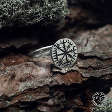 Load image into Gallery viewer, Vegvisir, Viking Compass, Rune Jewelry, Pagan Jewelry, LARP SCA, Reenactment, Nordic, Norse Ring, Signet Ring, Solid Ring, Rustic Men Ring
