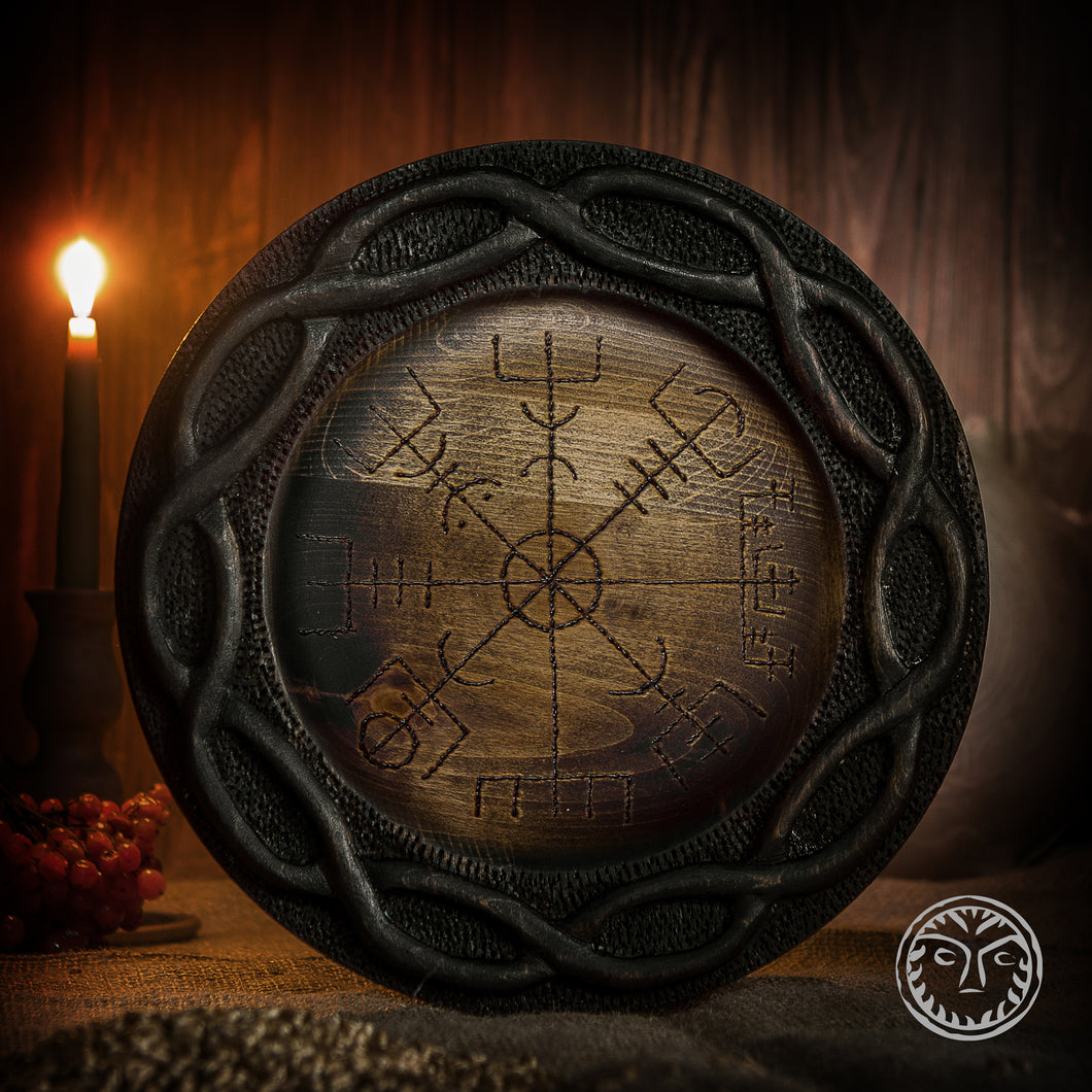 Carved Plate, Vegvisir, Wooden, Wood Plate, Wooden Vessel, Dish, Norse, Viking, Scandinavian, LARP, SCA, Reenactment, Middle Ages, Medieval