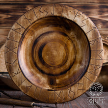 Load image into Gallery viewer, Plate, Futhark, Wooden, Runes Plate, Wood Plate, Wooden Vessel, Norse, Viking, Scandinavian, LARP, SCA, Reenactment, Middle Ages, Medieval
